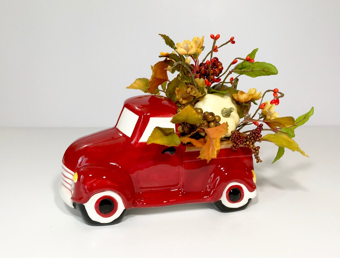 Ceramic Small Pickup Truck Novelty Planter, Small Fall Floral