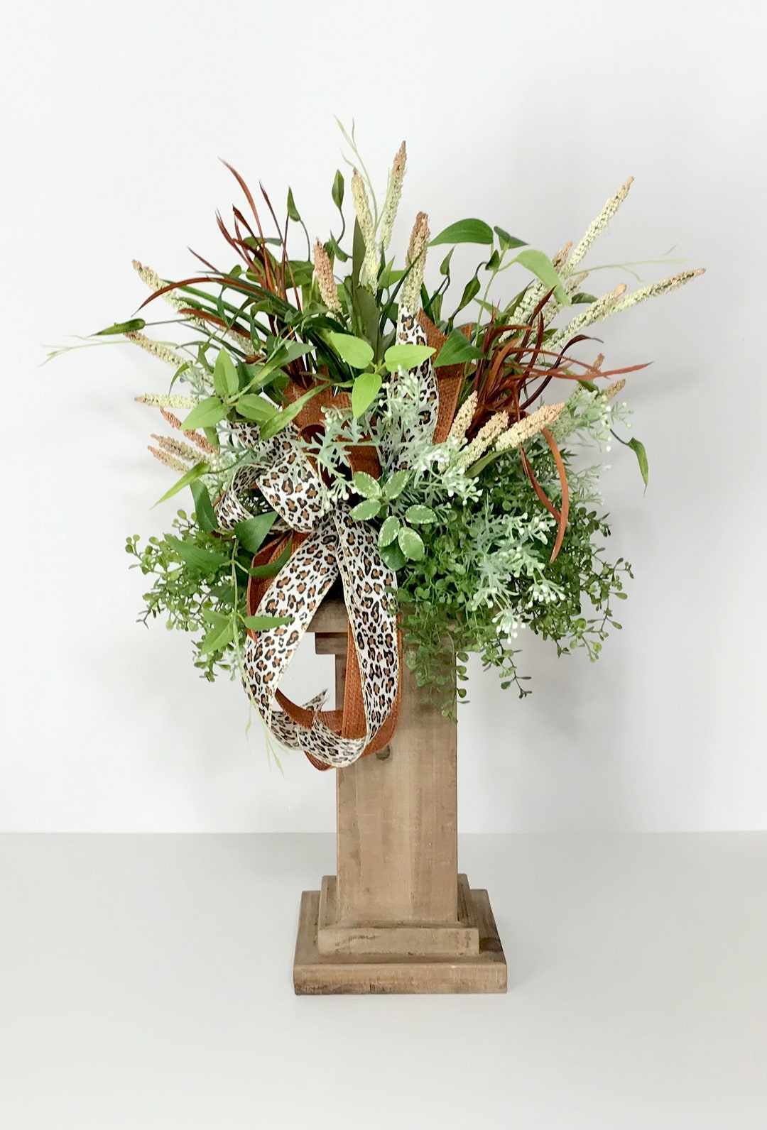 Everyday Year Round Floral Arrangement, Wood Column Earth Tone Color