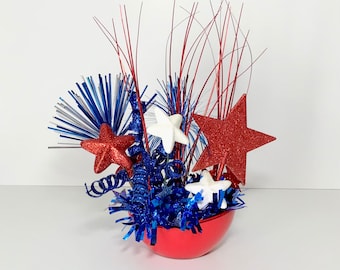 4th of July Red White Blue Small Patriotic Centerpiece, Arrangement Red Bowl, July 4th Party Table Small Bowl Centerpiece, Handmade, New