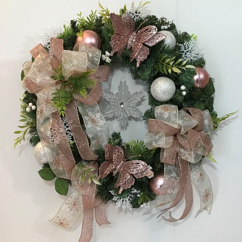 Rose Gold Christmas Wreath Front Door, Rose Gold Elegant Wreath, Holiday Wreath Wall Xmas Decoration, Evergreen Christmas Wreath shops Gift, New