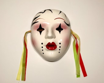 Vintage Ceramic Wall Mask, Art Deco Style Theatrical Mask, Female Clown Face, Made In Taiwan, Hand painted, Present, Gift