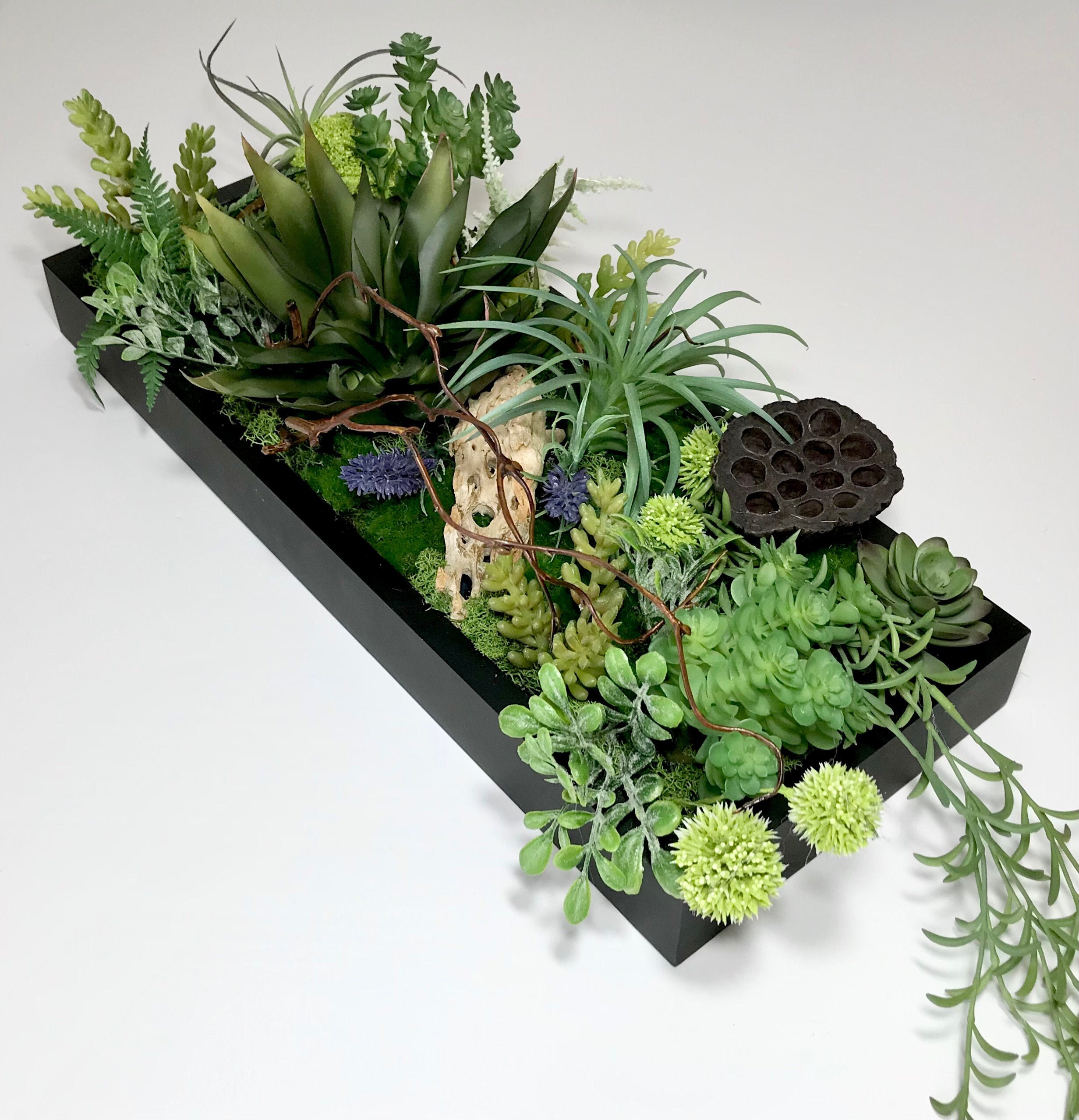 Large Faux Succulents Wall Art 20” Tall Wood Shadow Box, Artisan Hanging Garden Or Unique Centerpiece, Moss Driftwood Vines, Handmade, Gift