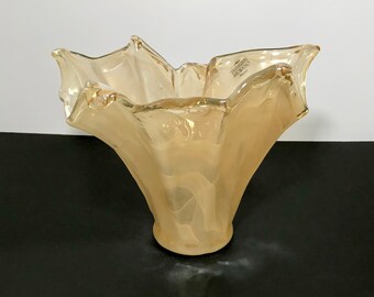 Murano Style Art Glass Gold Luster Handkerchief Stretch Vase, Clear Yellow Gold Edge 11” Tall Vase, Novelty Art Glass Vase Made in Italy