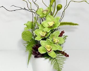 Elegant Pale Mint Green Orchids Faux Arrangement, Modern Floral 24” Tall Table Centerpiece, Office Foyer Decoration, Handmade, Easter Gift