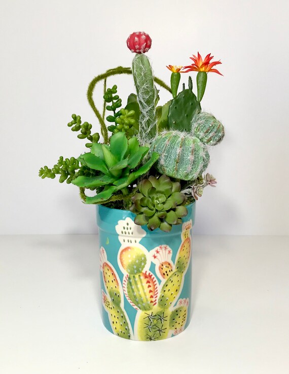 Artificial Blooming Cactus Faux Succulents Arrangement, Faux Cactus Ceramic  Planter Centerpiece, Tall Planter Arrangement, Gift, Handmade - Etsy