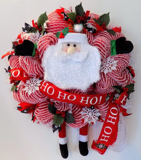 Santa Claus Christmas Wreath For Front Door Red White Deco | Etsy
