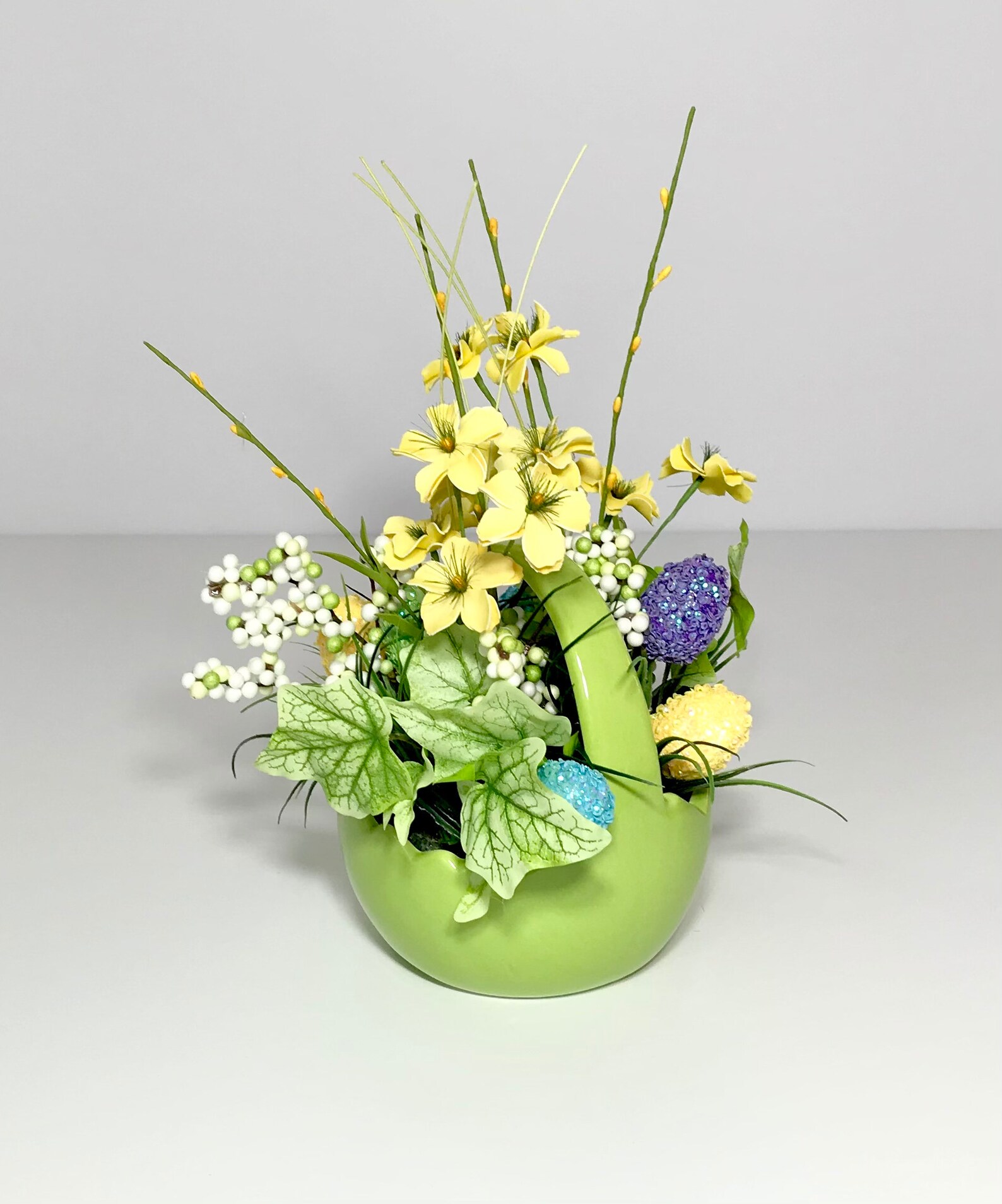 Green Ceramic Easter Flowers Basket Easter Basket Eggs Floral Etsy
