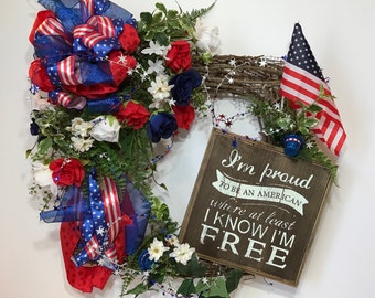 4th of July Square Grapevine Wreath, Patriotic Front Door Wall Wreath, American Flag Wreath, Red White Blue Flowers Wreath, USA Home Decor
