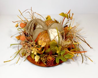 Burlap Wood Pumpkin Large Centerpiece, Fall Harvest Thanksgiving Floral Arrangement, Autumn Table Decoration, Gift, Present, Handmade, New