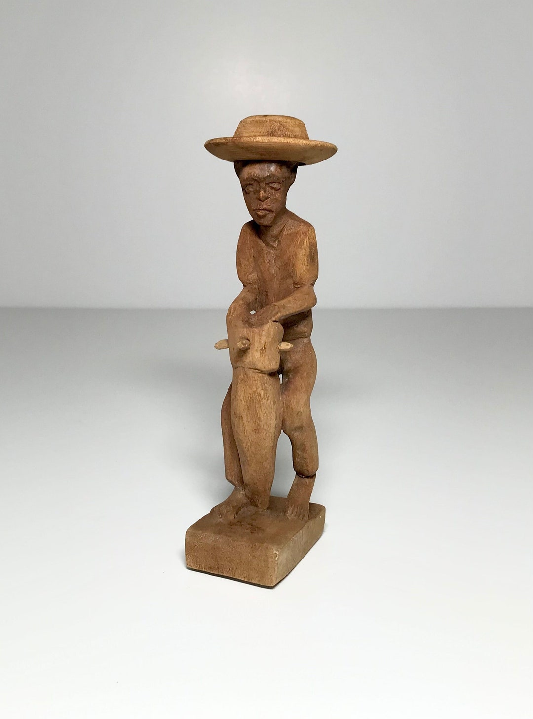 Hand Carved Folk Art Wood Statue, Wood Figurine Rural Working Man With ...