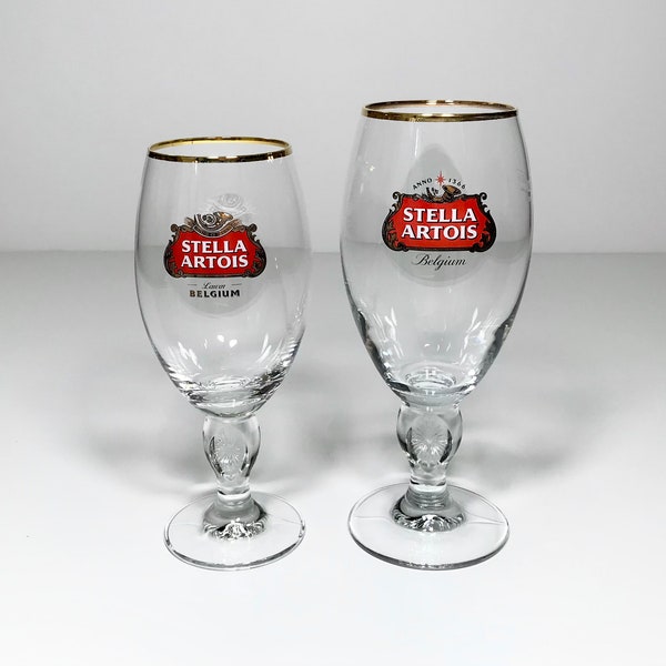 Stella Artois Beer Glass Stems, Red Gold Logo Set of 2 His & Hers 40CL and 33CL, Gold Rim, Used condition