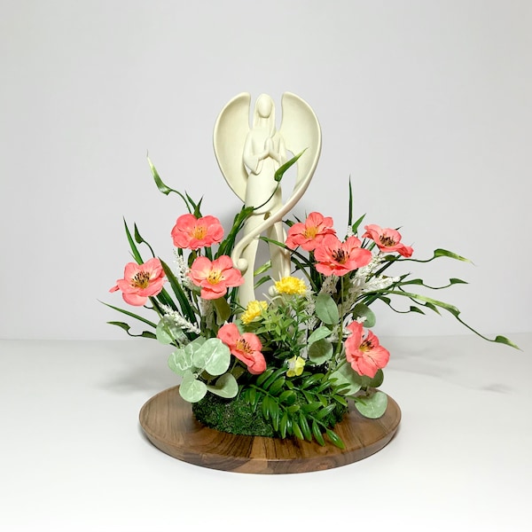 Tall Guardian Angel Large Christian Centerpiece, Spring Summer Floral Sympathy Arrangement, Unique Faux Flowers Centerpiece 14” Tall, New