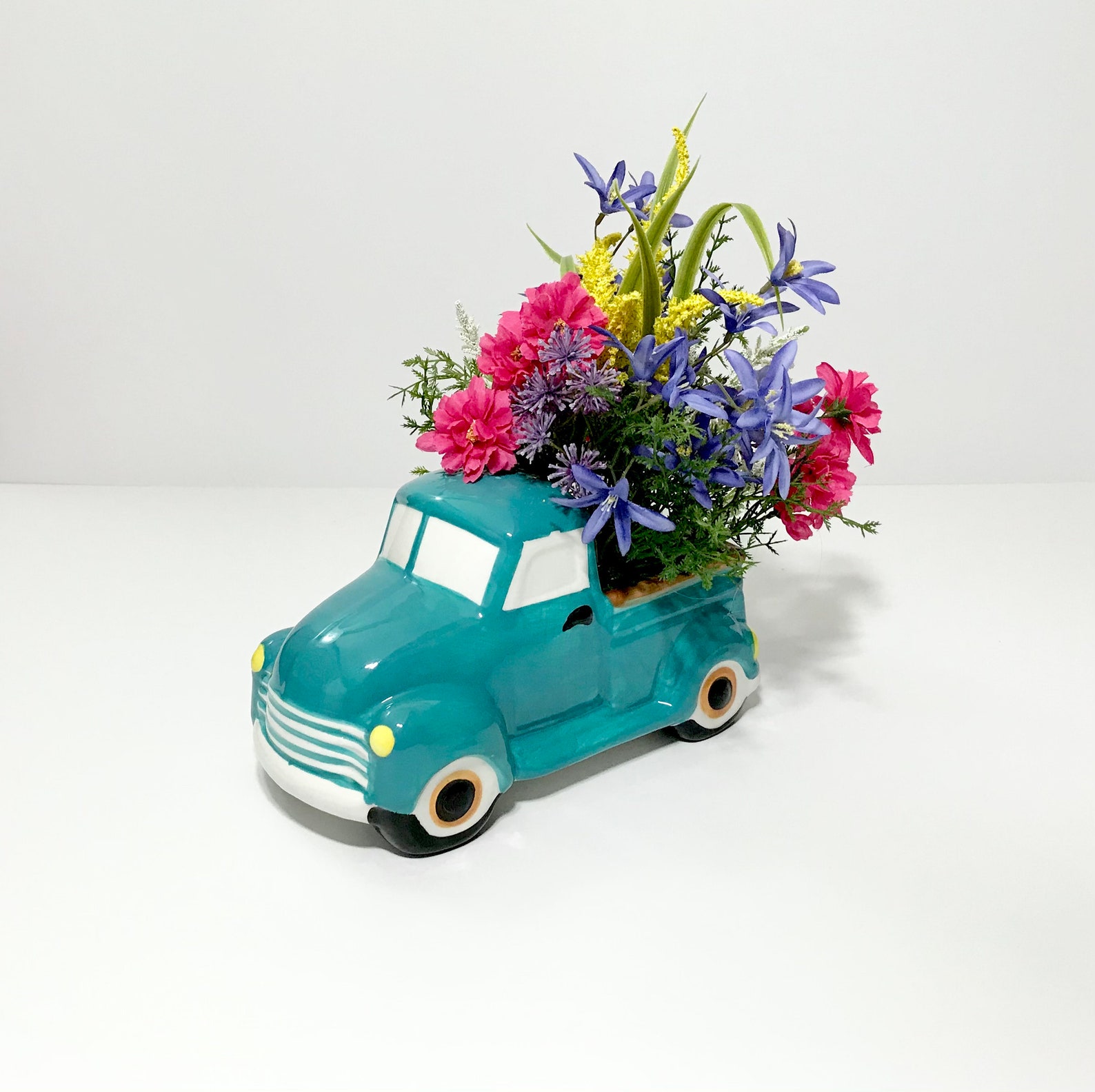 Teal Blue Ceramic Pickup Truck Planter Small Floral Etsy