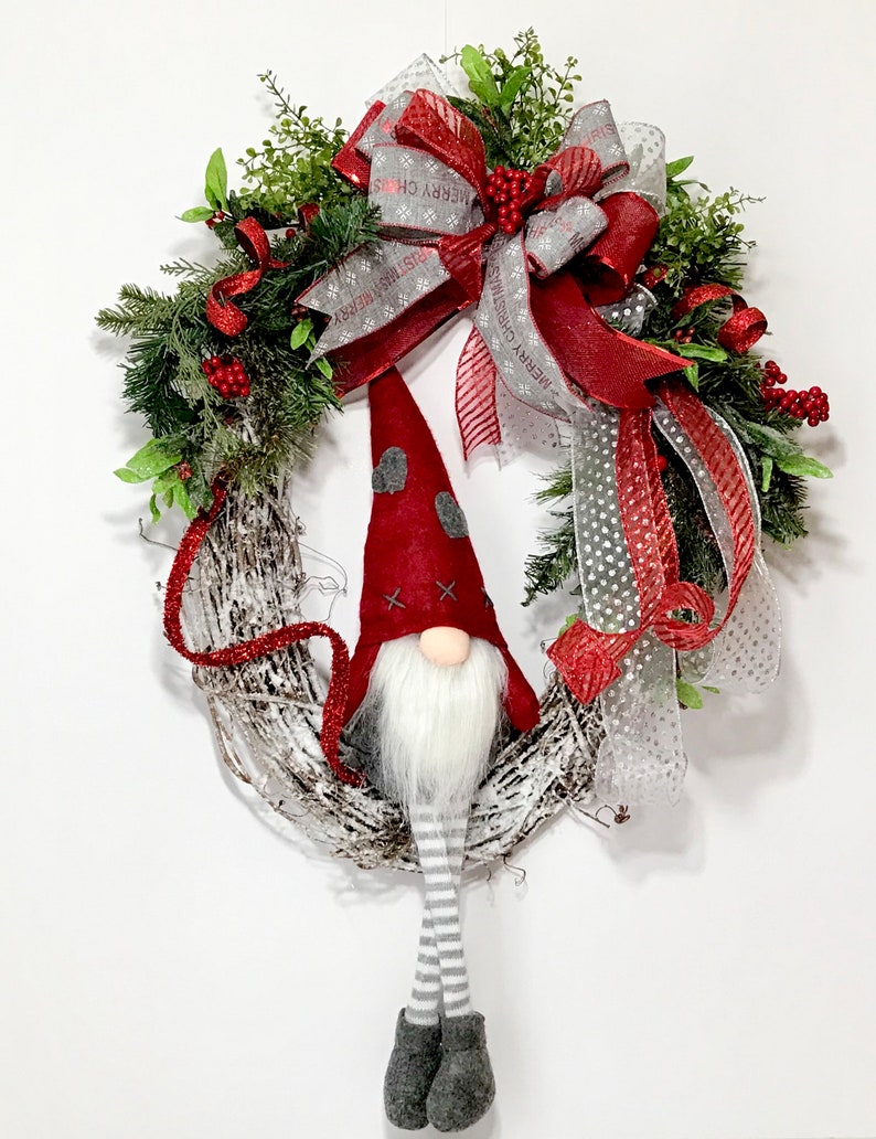 Gnome Christmas Wreath Flocked Grapevine Wreath Xmas Wreath Etsy