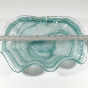 Vintage Murano Style Blue Teal White Swirl Art Glass Console Bowl, Scalloped Edge, Art Glass Large Centerpiece Bowl Dish, Sticker, Gift