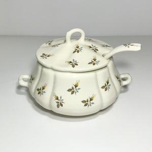 Vintage Ceramic Soup Tureen With Lid Ladle Decorated With Yellow Rose Buds 9 1/2” Dia 12” Tall