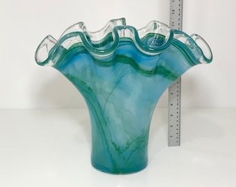Murano Style Art Glass Blue Green Swirl Handkerchief Stretch Fan Vase, Crystal Edge 11 1/2” Tall Vase, Made in Italy, Hand Blown, Gift, New