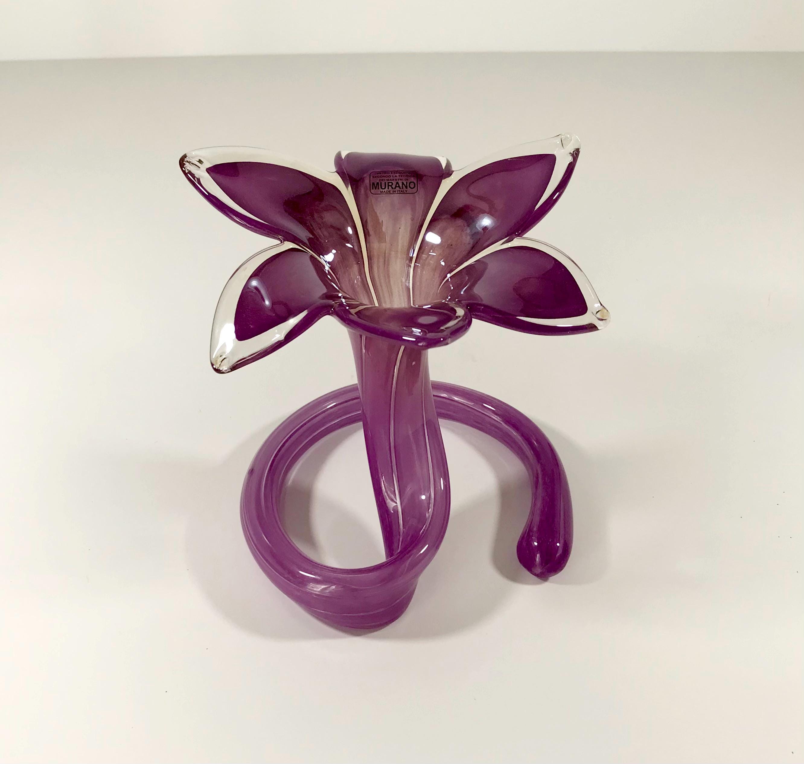 Murano Style Art Glass Purple Clear Stand Up Flower 6 Petals, Crystal Edge Unique Novelty Art Glass 8” Dia, Handmade in Italy, Sticker, New