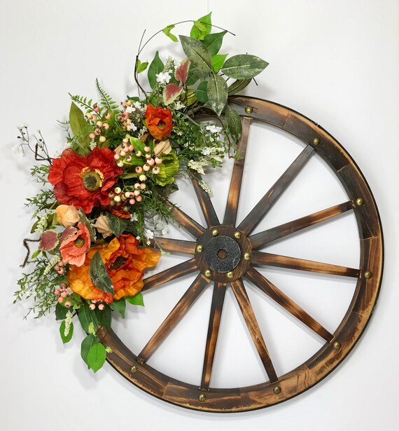 Wooden Wagon Wheel Floral Swagwreath Flower Country Kitchen Etsy