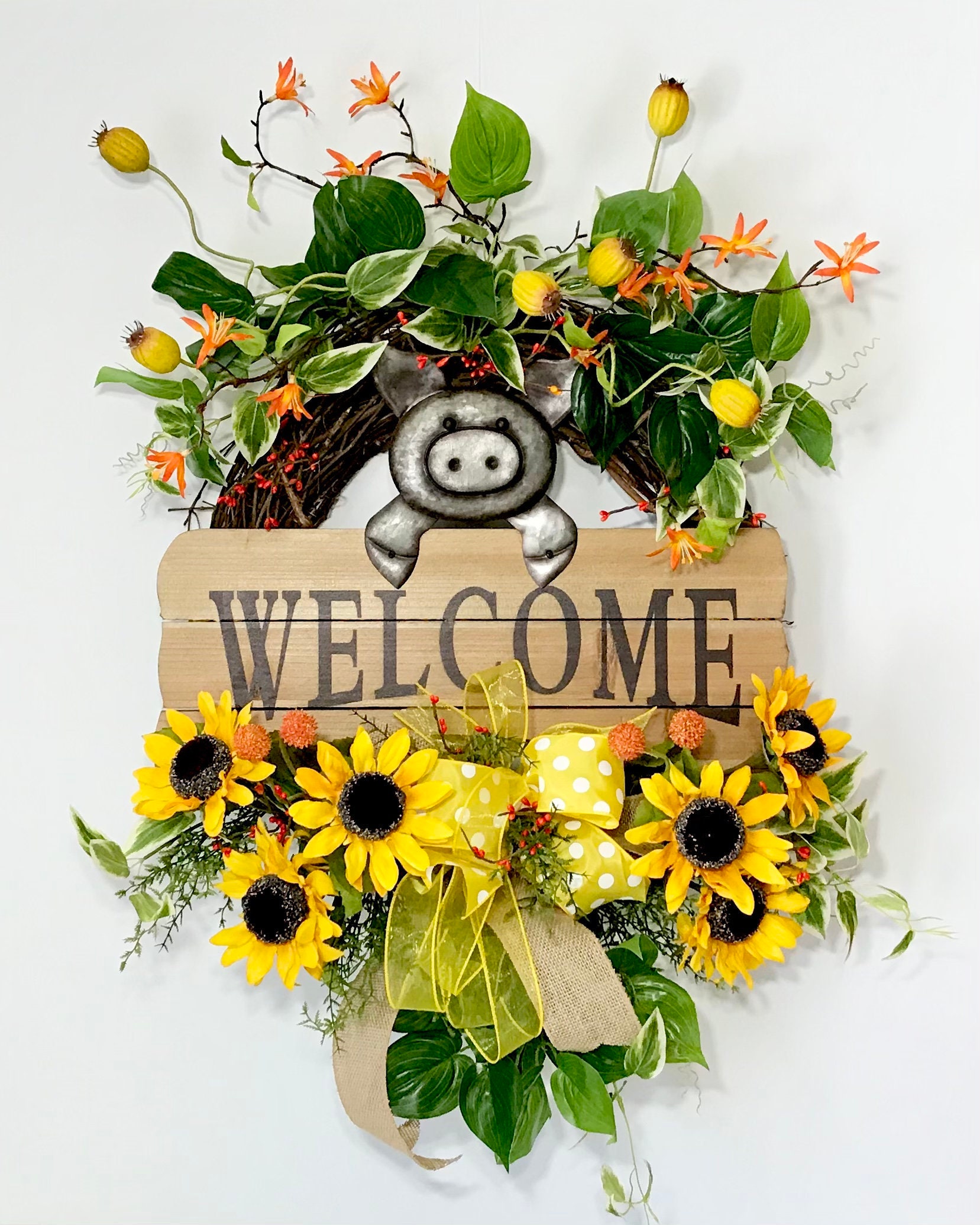 Summer Wreath For Front Door, Sunflower Grapevine Summer Wreath, Metal Pig Wood Welcome Sign Wreath, Summer Wreath Decoration, Present, New