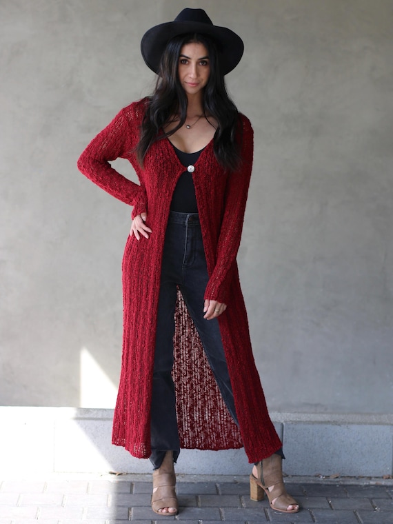 Lightweight Knit Long Cardigan: Shell Button Detail