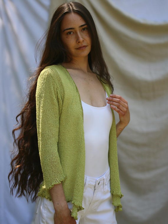 トップス SHEER ROLLED EDGE KNIT CARDIGAN Women's Turtleneck Zip Up Cardigan Sweaters Oversized Drop