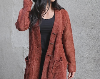 Chenille Cardigan: Warm Knit Sweater with Wooden Buttons