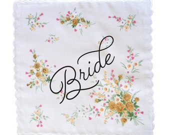 Bride Wedding Handkerchief, Cotton floral scalloped edge silkscreened hanky