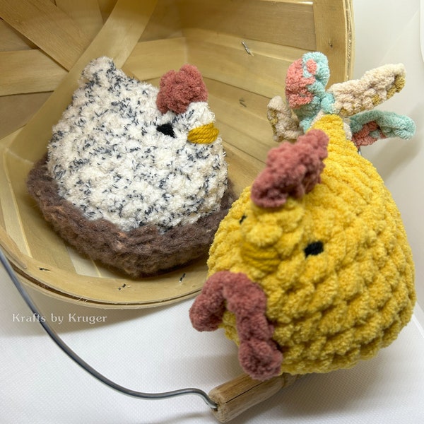 Chicken and Rooster Plush, Crochet Amigurumi, Mabel and Marvin with nest