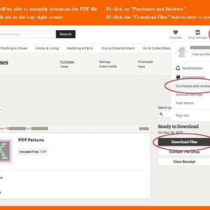 Op de afbeelding: Schermafbeelding van een Etsy-aankooppagina die laat zien hoe je een digitaal PDF-patroon kunt downloaden. De pagina toont een knop met de tekst "Download bestanden" en instructies over hoe je de knop kunt vinden.