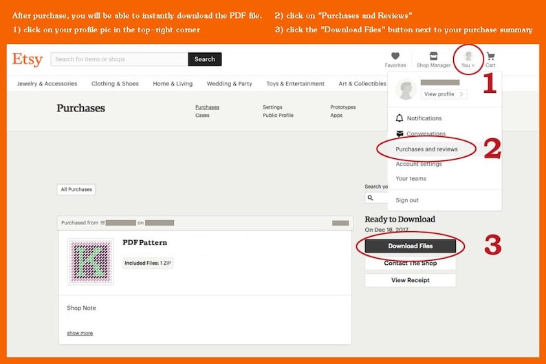 Op de afbeelding: Schermafbeelding van een Etsy-aankooppagina die laat zien hoe je een digitaal PDF-patroon kunt downloaden. De pagina toont een knop met de tekst "Download bestanden" en instructies over hoe je de knop kunt vinden.