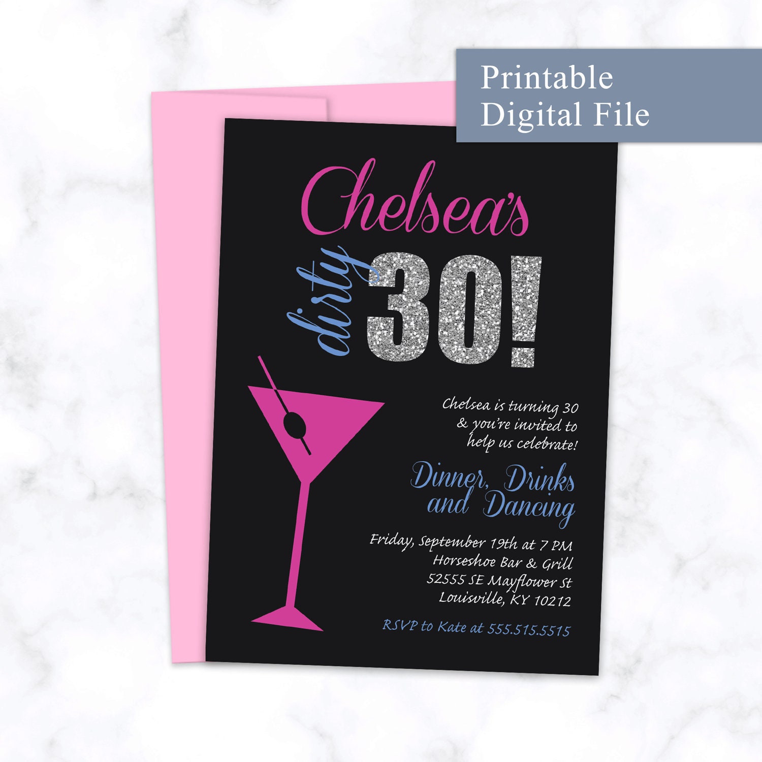 fun 30th birthday invitation dirty 30 with martini glass