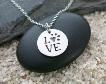 LOVE with Paw Print Necklace Sterling Silver Paw Print Charm Pet Jewelry Animal Lover Gift