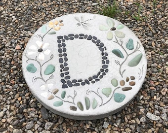 Monogram Stepping Stone w/ Personalized Initial, River Rock Mosaic, Garden Decor, Concrete Garden Art, Yard Art, Personalize Gift, 8" or 13"