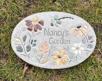 15" Oval Stepping Stone, Personalized - Garden Decor, Garden Paver, Custom Engraved Stepping Stone, Concrete Mosaic, Floral Garden Art