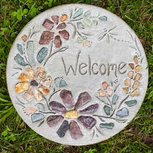 8in. Welcome stone, Housewarming Gift, Garden Decor, All-Natural Stepping Stone, Mosaic Garden Paver, Yard Art, Garden Art