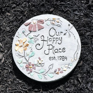 Round &quot;Happy Place&quot; Stepping Stone - Garden Decor, Personalized Gift, Mosaic Yard Art, Garden Art, Housewarming Gift, 8&quot; or 13&quot; Round