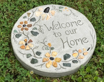 Engraved Welcome Stepping Stone OR Personalized House Sign, Concrete Mosaic Garden Art, Housewarming Gift, Wedding Gift, Yard Art, 8" or 13"