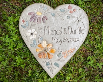 Personalized Wedding Gift - 13" Heart Engraved Concrete Mosaic Garden Stone, Wedding Date Stepping Stone, Couples Gift, Anniversary Gift