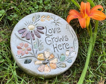 Garden Stone, "Love Grows Here" - Garden Decor, Engraved Garden Sign, All-Natural Stepping Stone, Garden Art, Garden Gift, Gift for Her