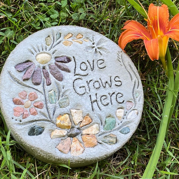Garden Stone, "Love Grows Here" - Garden Decor, Engraved Garden Sign, All-Natural Stepping Stone, Garden Art, Garden Gift, Gift for Her