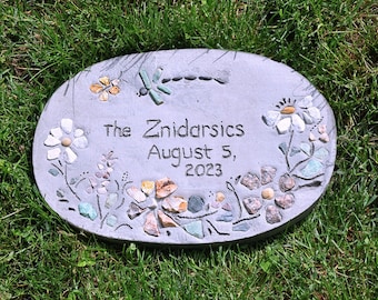 15” Personalized Gift - Oval Engraved Concrete Mosaic Garden Stepping Stone, Wedding Date, Couples Gift, Anniversary Gift, Housewarming