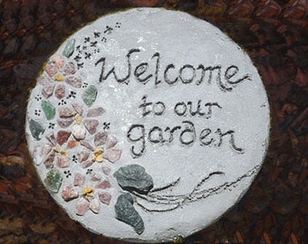 All-Natural Mosaic Stepping Stone, Engraved Stepping Stone, Welcome Sign, Garden Decor, Concrete Garden Art, Housewarming Gift, Garden Gift