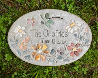 15”Personalized Wedding Gift - Oval Engraved Concrete Mosaic Garden Stone, Wedding Date Stepping Stone, Couples Gift, Anniversary Gift