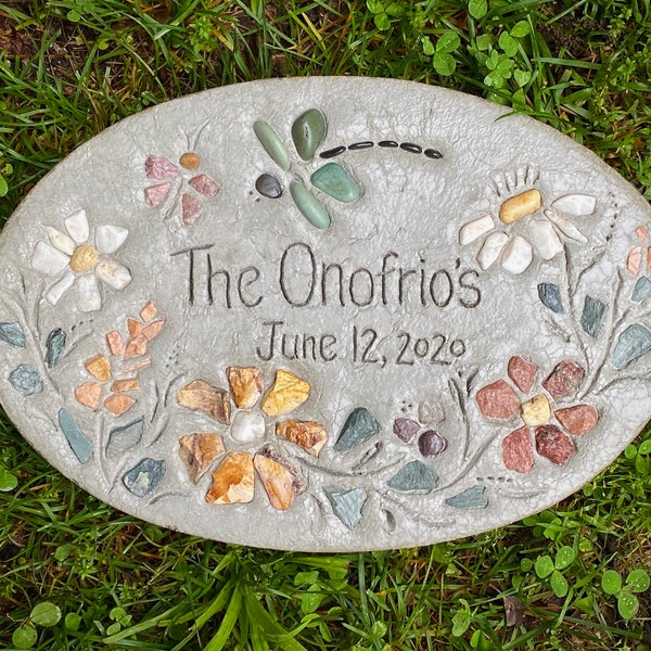 15”Personalized Wedding Gift - Oval Engraved Concrete Mosaic Garden Stone, Wedding Date Stepping Stone, Couples Gift, Anniversary Gift