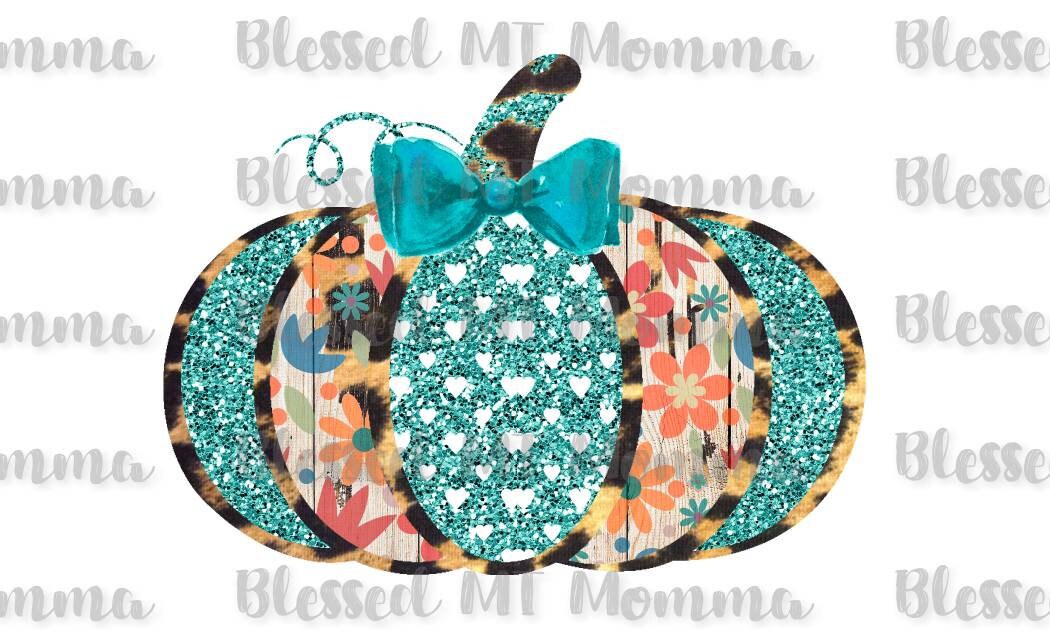 Pumpkin Teal Glitter Wood Sublimation Transfer Ready to Press - Fall Design Thanksgiving Autumn Leaves