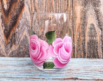 Pink Roses STEMLESS Wine glasses/Tumblers.  Hand painted. Perfect for your favorite wine. Great for Mother's Day, Birthdays, Teacher's gifts