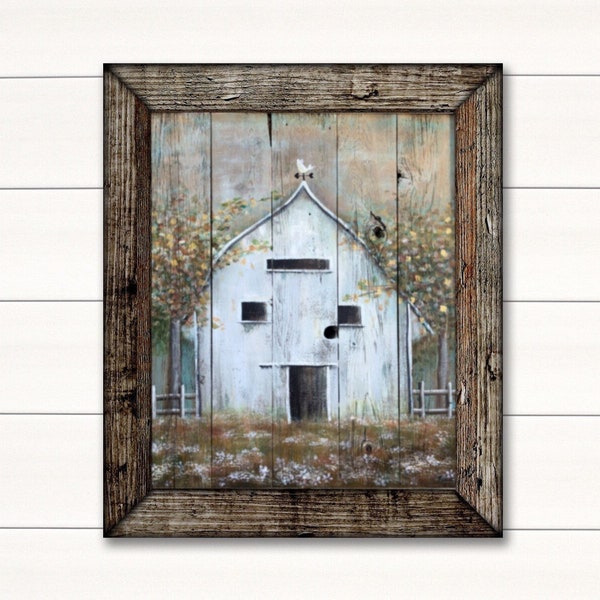 Fall, Autumn, White Barn with Gold Art Print, acrylic print on old Barnwood. Farmhouse art, Fall art decor