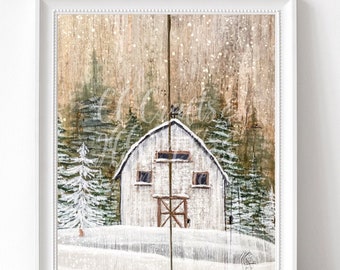 Rustic Winter White Barn Wall Art Print. Farmhouse art decor, Winter Barn Scene, Landscape. Giclee Print. Printed from Original Artwork.