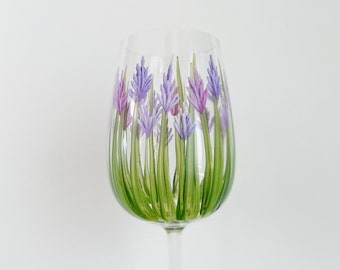 Hand Painted Purple Lavender Oversized 16oz STEMMED Wine glasses. Great for Mother's Day, Birthdays, Teacher's gift and entertaining.